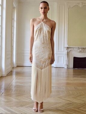 Mango CAPSULE - Cream Jacquard Halter Midi Dress with Fringe